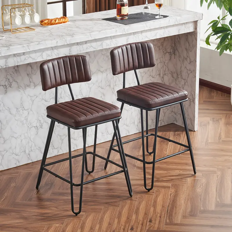 [SOIYELIFE] Industrial Bar Stools Set of 2, Counter Height Chairs with PU ather Upholstery & Metal Frame, Vintage Bar Chairs with Backrest & Footrest for Kitchen Island, Dining Room, Bar, Brown