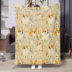 Corgi Floral Flannel Blanket - Soft, Lightweight, Comfortable, Suitable for Corgi Enthusiasts |   Warm plush blanket for sofa, bed, travel and outdoors |   Home Decoration Suitable for All Seasons 280GSM