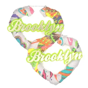 Brooklyn Bamboo Hoop Earrings | Gray Neon Green Fabric Wrapped Handmade Hoop Heart Earrings