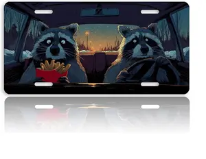 Raccoon Front License Plate for Women Funny Night Forest Fries Cartoon 2D Flat Racoon License Plate Hunting Gifts, Car/Truck Accessories booster
