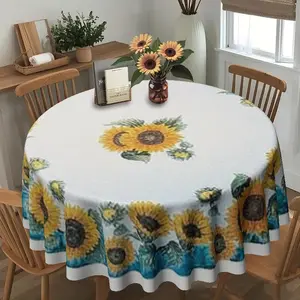 2D flat, pastoral blue yellow white, sunflower round table cloth, family kitchen living room dining table cloth, party table cloth, kitchen accessories, room & outdoor table cloth, Picnic Table Cover