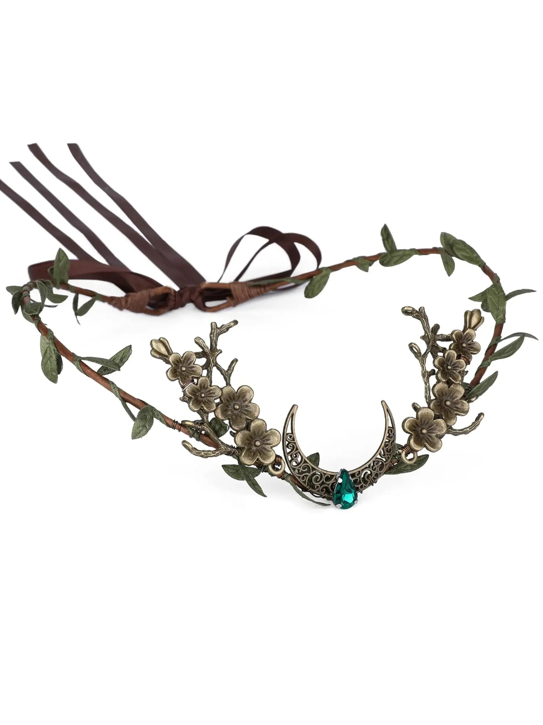 Woodland Fairy Flower Crown Feminine Handmade Leaf Elf Headband for Cosplay MOSTORY Woodland Fairy Flower Crown - Crystal Elven Tiara  main image 2