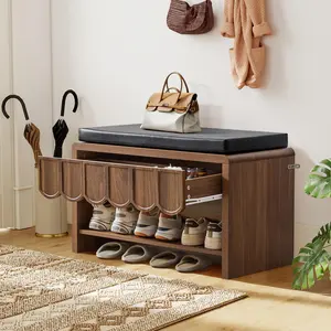 Giratree Shoe Storage Bench with Cushion, Shoe Rack Organizer Cabinet Bench with Wave Panel Drawer and Open Shelf for Entryway, Hallway, Living Room