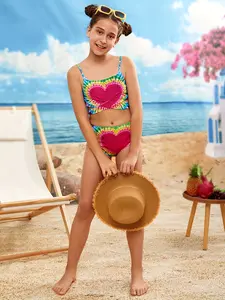 Girls' 2-Piece Tie Dye Heart Print Bikini Swimsuit, Vibrant Color Comfortable Playful Style for Summer Beach Adventures; Men's Slim Compression Moisture-Wicking T-Shirt; Flag Hoodie