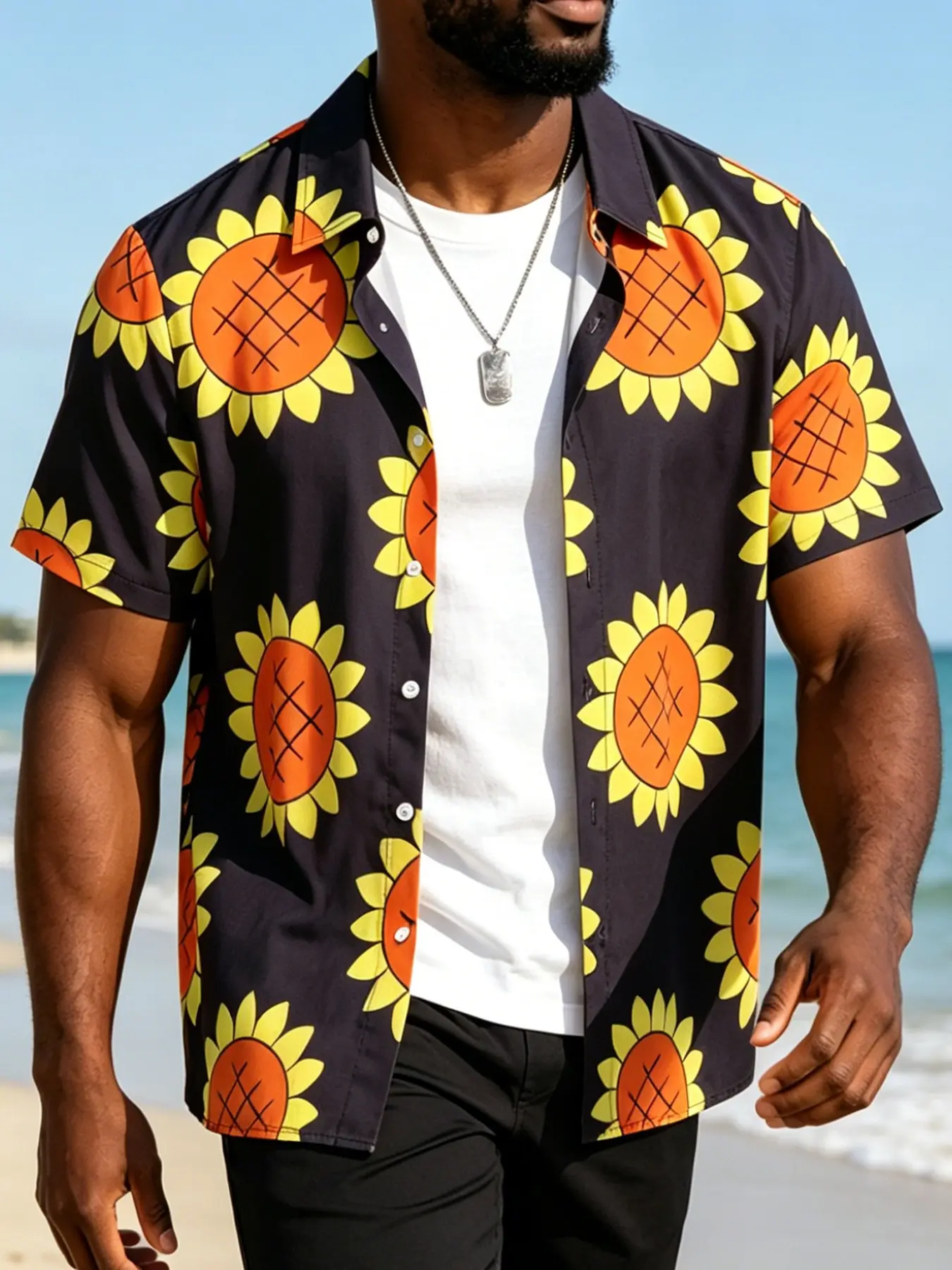 Men's Sunflower Print Short Sleeve Camp Collar Casual Comfy Collared Hawaiian Coastal Shirt, Botanical Floral Shirt, Ultra-Breathable Lightweight Fabric, Relaxed Fit for Beach Trips, Outdoor Vacations & Summer Adventures