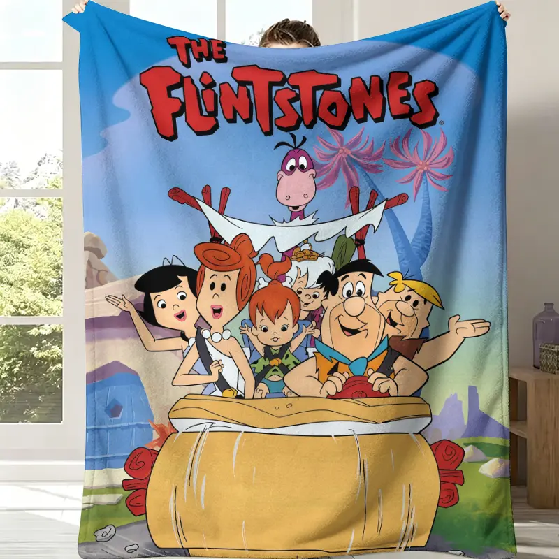 The Flintstones Official Flannel Throw Blanket - Full Family Stone Car Design,Gradient Blue Sky Background, Rubble Character Group, Dino On Roof, Red Logo, Soft Fleece, Retro Cartoon Fan Bedroom Decor, Nostalgic Gift