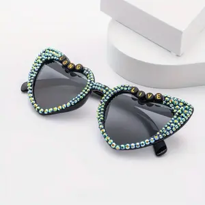 Black Heart Shaped Sunglasses with Blue-Green Rhinestones and 'Long Live' Quote