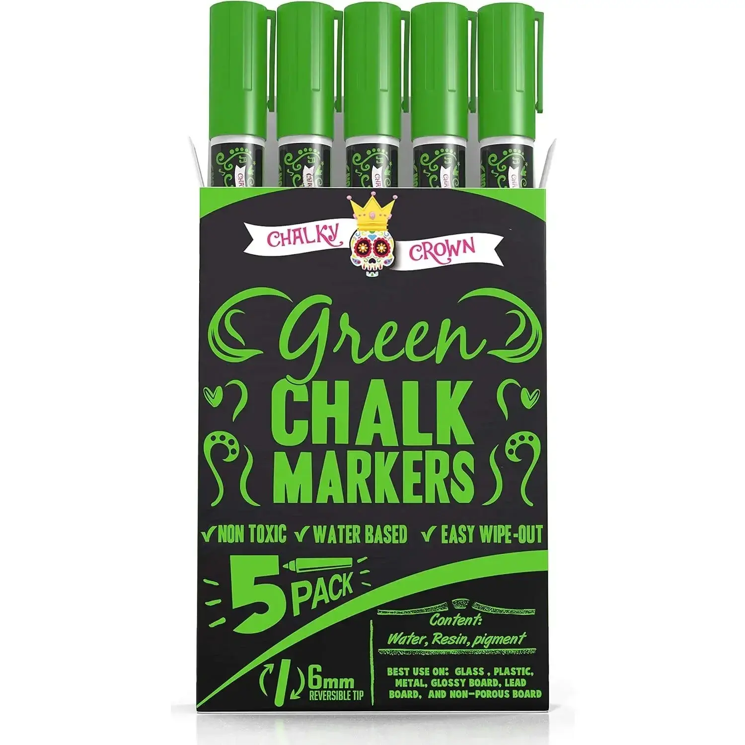 Liquid Chalk Marker Pen - Dry Erase Marker - Chalk Markers for Chalkboard Signs, Windows, Blackboard, Glass - 6mm Reversible Tip (Green, 5 Pack)