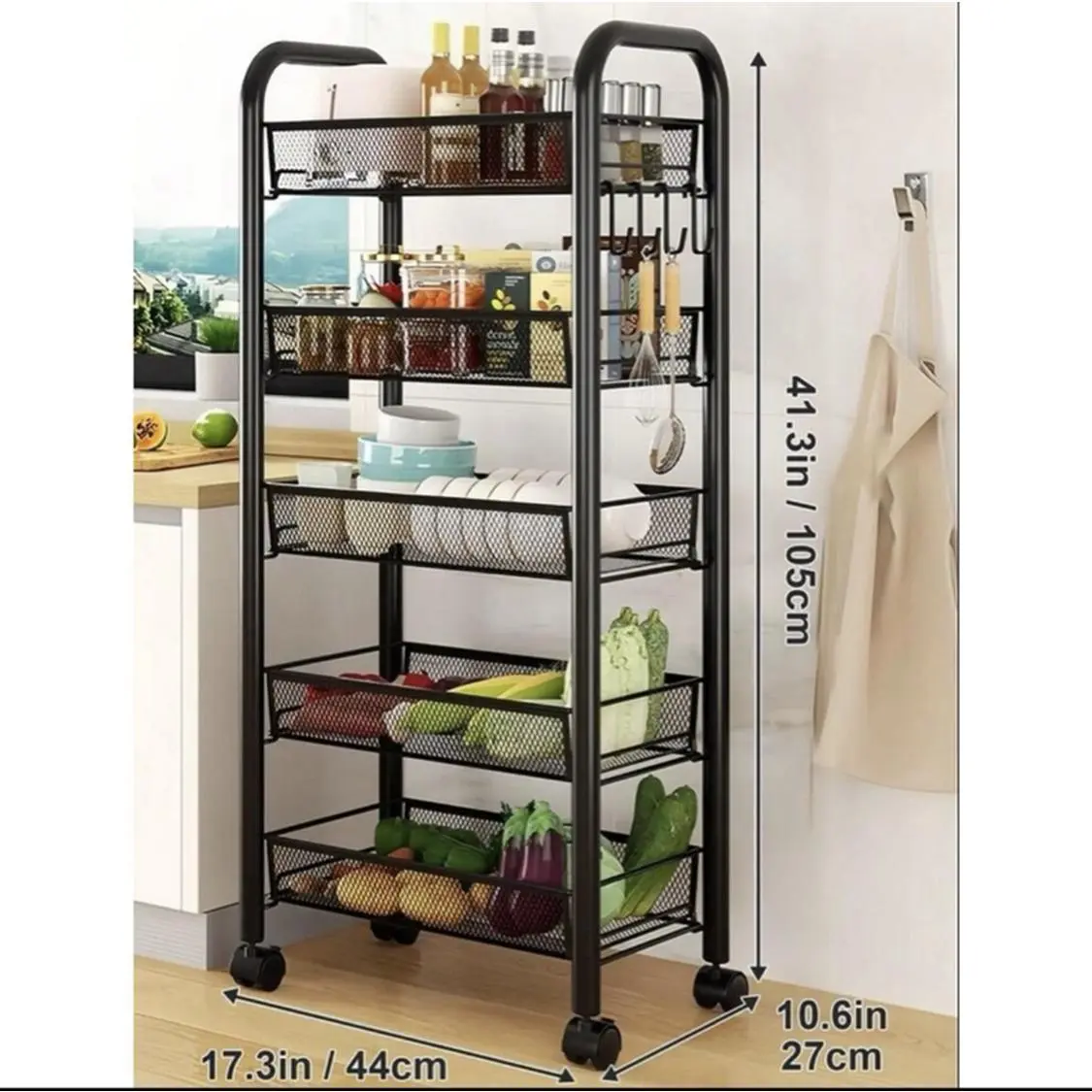 5 Tier Rolling Utility Cart Organizer Stable Sturdy Black Storage Carts With Wheels For Bathroom Kitchen Snack Craft Makeup Daily Essentials Shelf Rack Dish Drying Rack Utensils 41.3in 105cm