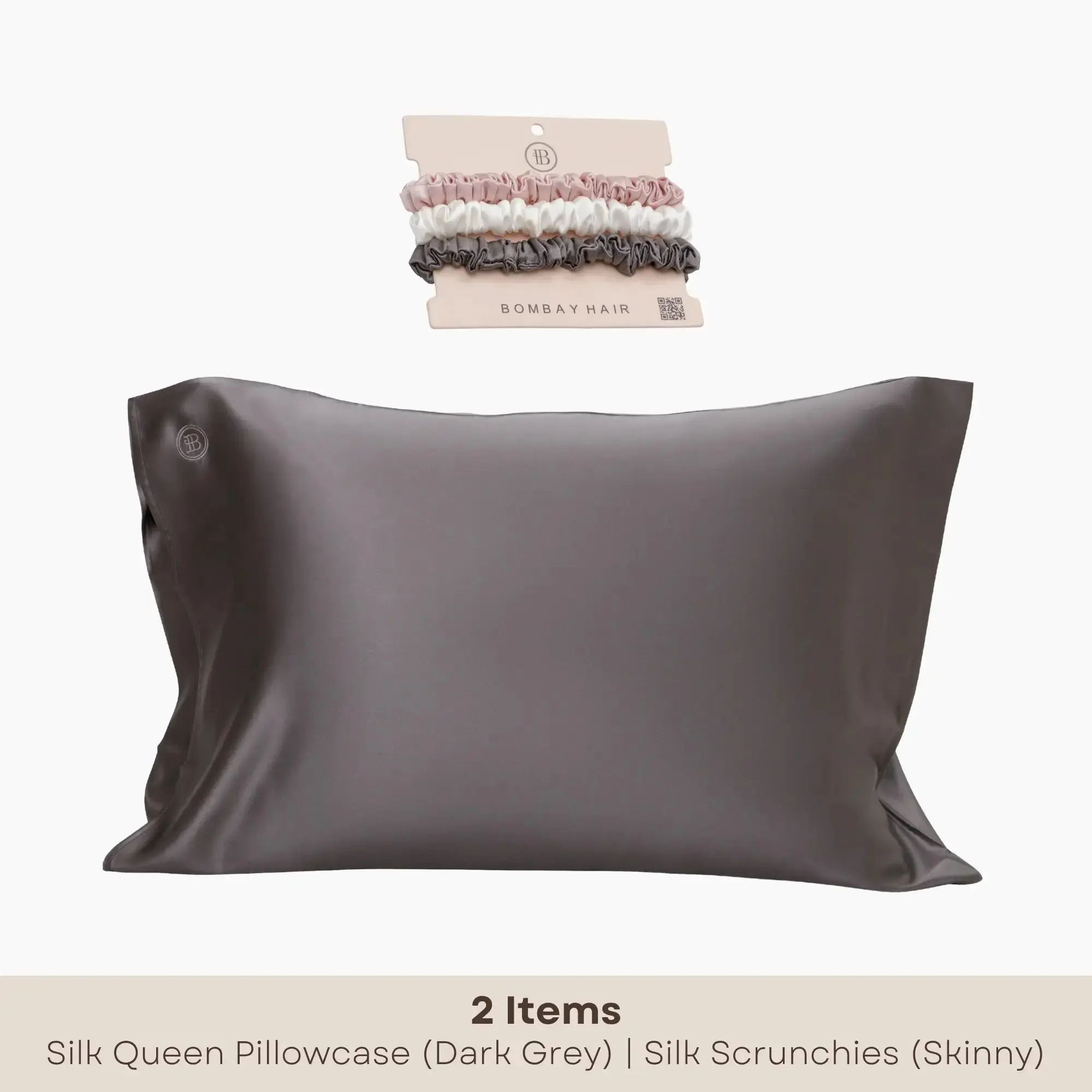 Dark Grey Silk Pillowcase (Queen) + Scrunchies