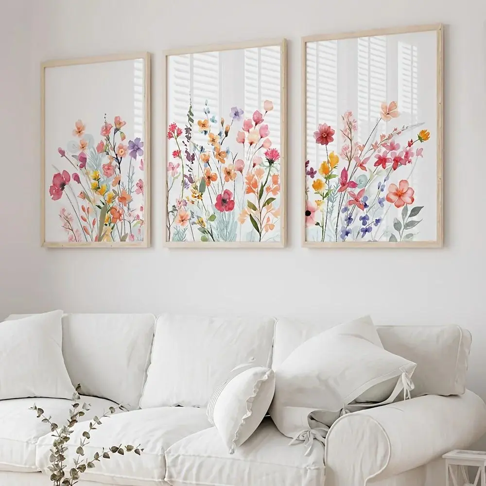 3-Pack Scandinavian Floral Canvas Prints, Aesthetic Wall Decor - Frameless Nordic Botanical, Flower Wall Art Set for Girls Bedroom, Living Room, Minimalist Plant Posters with Bloom Design - Gallery Wall Collection for Teen Room Decor