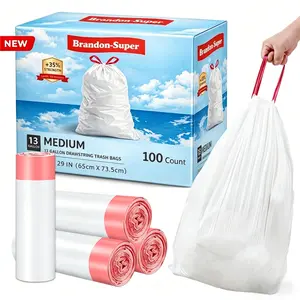 13 Gallon Drawstring Trash Bags 100 Count | Thickened, Stretchable, Leakproof Kitchen & Office Garbage Bags