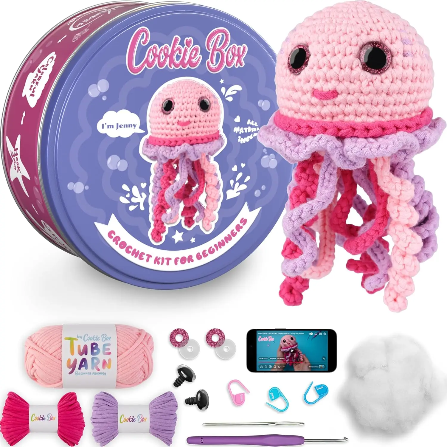 Cookie Box Original Crochet Kit for Beginners – Gift Set to Make Jellyfish Jenny Amigurumi Plushie – Easy DIY Crochet & Knitting Starter Kit with Video and PDF Tutorials