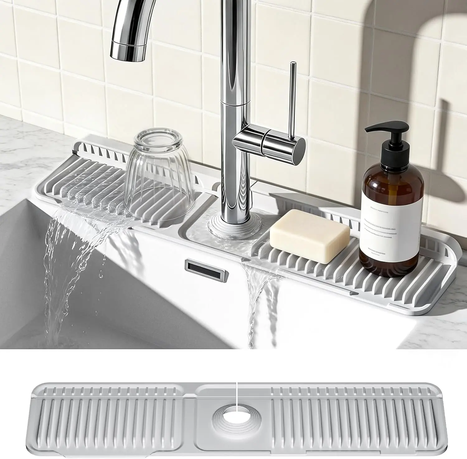 24 Inch Silicone Faucet Mat for Kitchen Sink – Fast Self-Draining Sink Splash Guard, 7° Sloped Kitchen Faucet Mat, Cuttable Splash Guard & Sink Protector