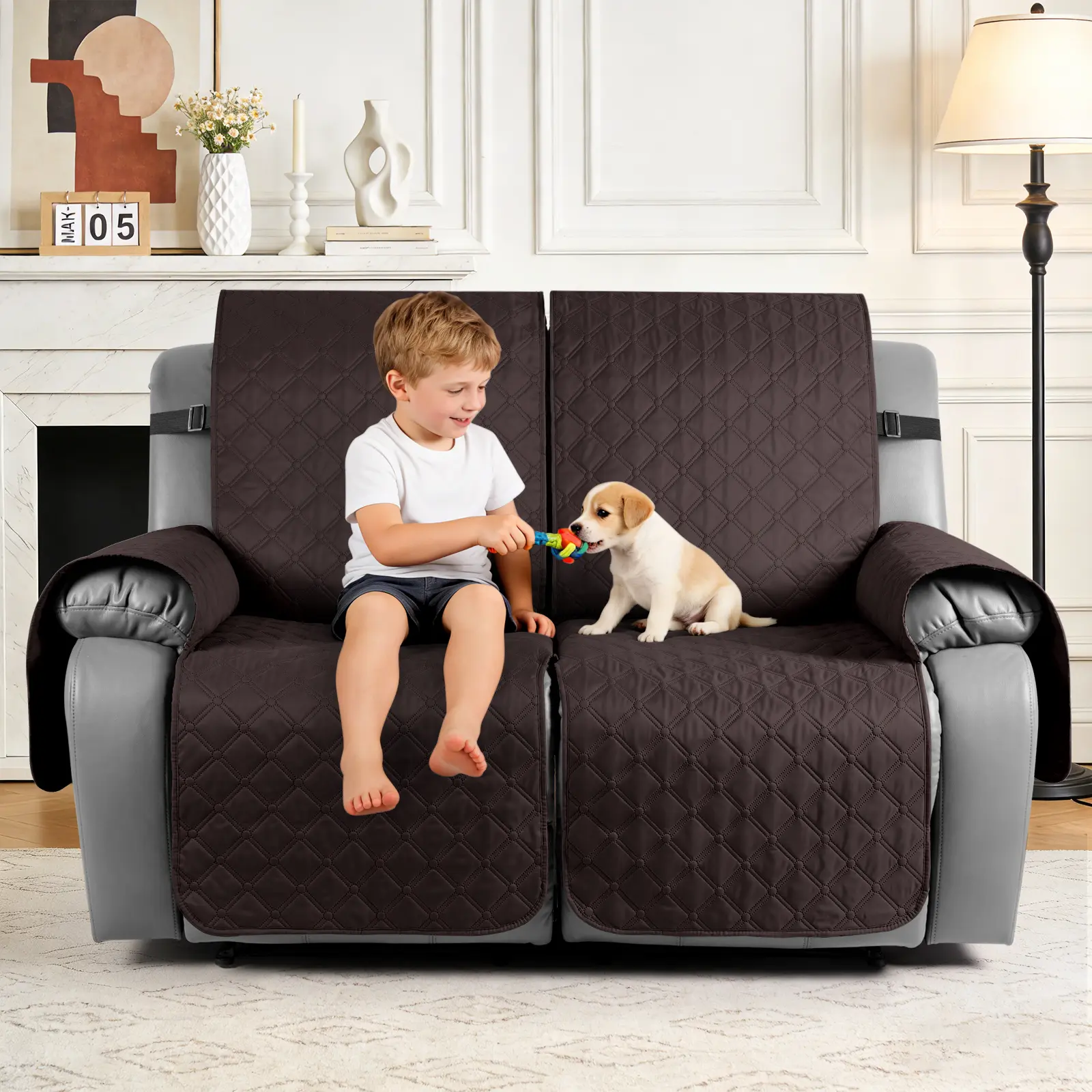 TAOCOCO 2 Seats Loveseat Recliner Cover with Center Console, Cat Scratch Resistant 100% Waterproof Split Couch Protector, Reversible Washable Slipcover with Fixing Leg Straps for Pets & Kids