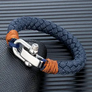 Nautical Style Wide Rope Bracelet Fashion Men Stainless Steel Adjustable Shackle Clasp Wrap Bangles Handmade Jewelry Gift