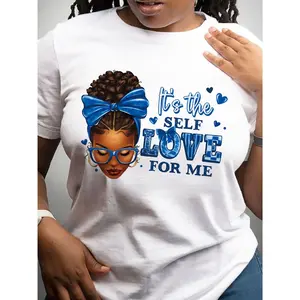 Women's Casual Short Sleeve T-Shirt - Self-Love Inspirational Quote & Portrait Print, White with Blue Lettering, Round Neck Semi-Sheer Top, Machine Washable All-Season Wear, Cute T Shirts, Artistic Portrait Design, Semitransparent Fabric, Comfortable
