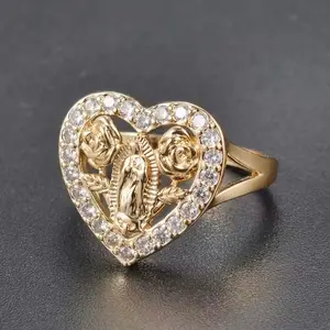 Virgencita Ring Bling Heart-Shaped Gold Plated with Rhinestones and Virgin Mary Figure for Women