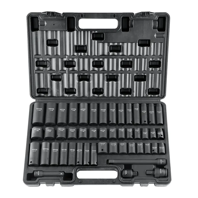 VEVOR Impact Sockets Set, CR-V Impact-Ready Alloy Work Tools with 6-Point Bolt Grip, SAE (5/16"-3/4") & Metric (8-22mm,13mm) Sockets, Hex Drives, Extension Bar, Universal Joint, Power Drill Adapter & Portable Storage Case for Mechanics