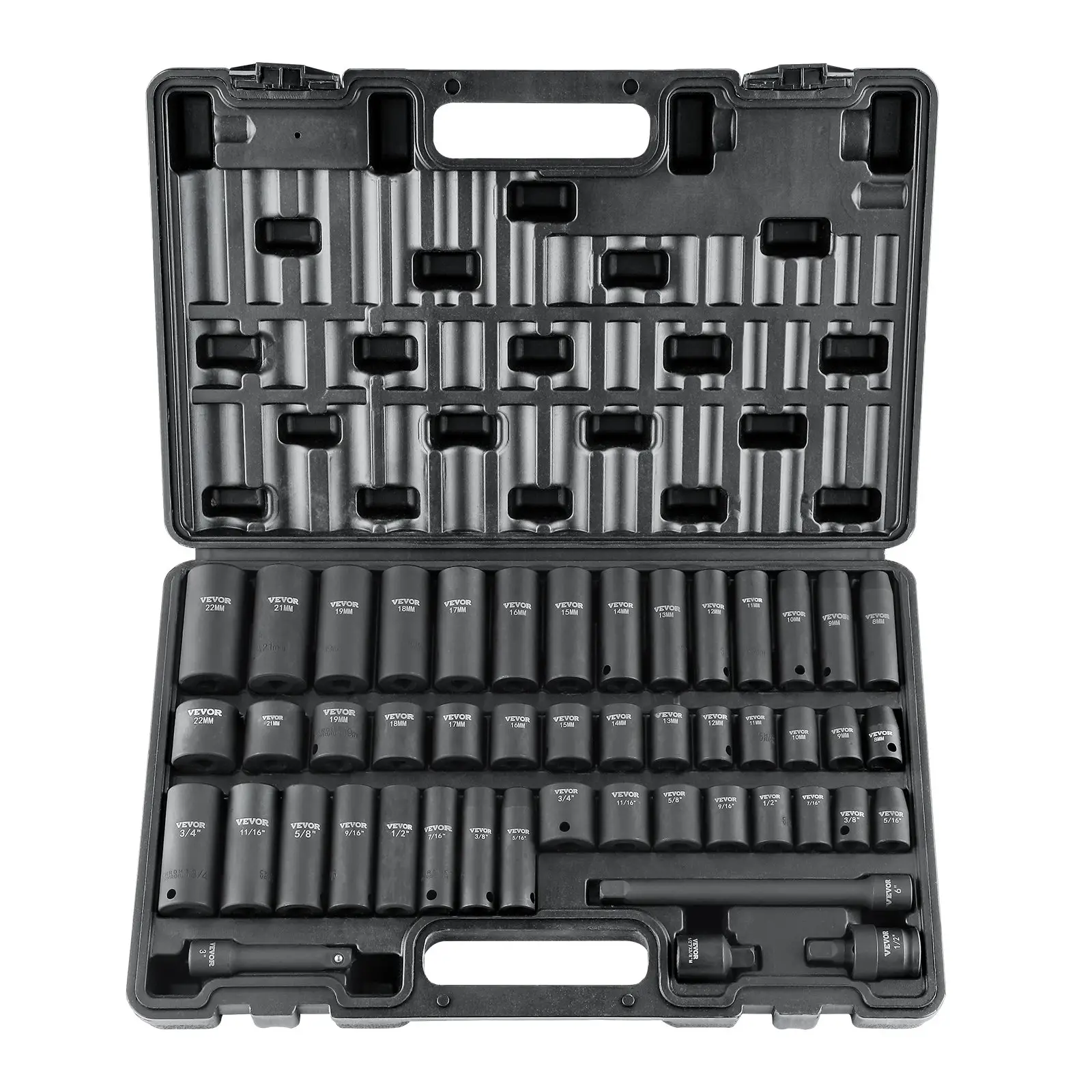 VEVOR 3/8" Drive Impact Socket Set, 48 Piece Socket Set SAE (5/16" -3/4") & Metric (8-22mm), 6 Point CR-V Drive Extension Bar Universal Joint & Power