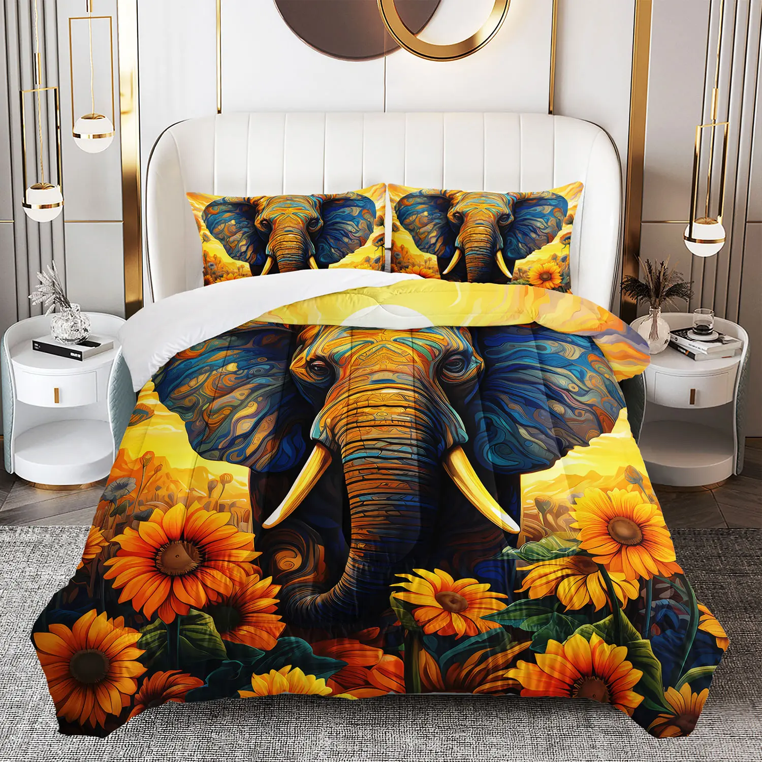 3pcs Elephant Print Decorative Bedding Set - Queen Size, Colorful Microfibre Duvet, 2 Pillowcases, Lightweight Soft Warm All-Season Machine-Wash Quilt for Girls' Bedrooms, Family Gift