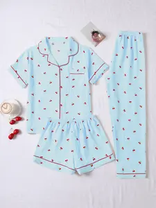 Valentine's Day Cherry Three-Piece Sleepwear Set, Short Sleeve Button-Neck Top and Pants, Soft Homeewear for All Seasons