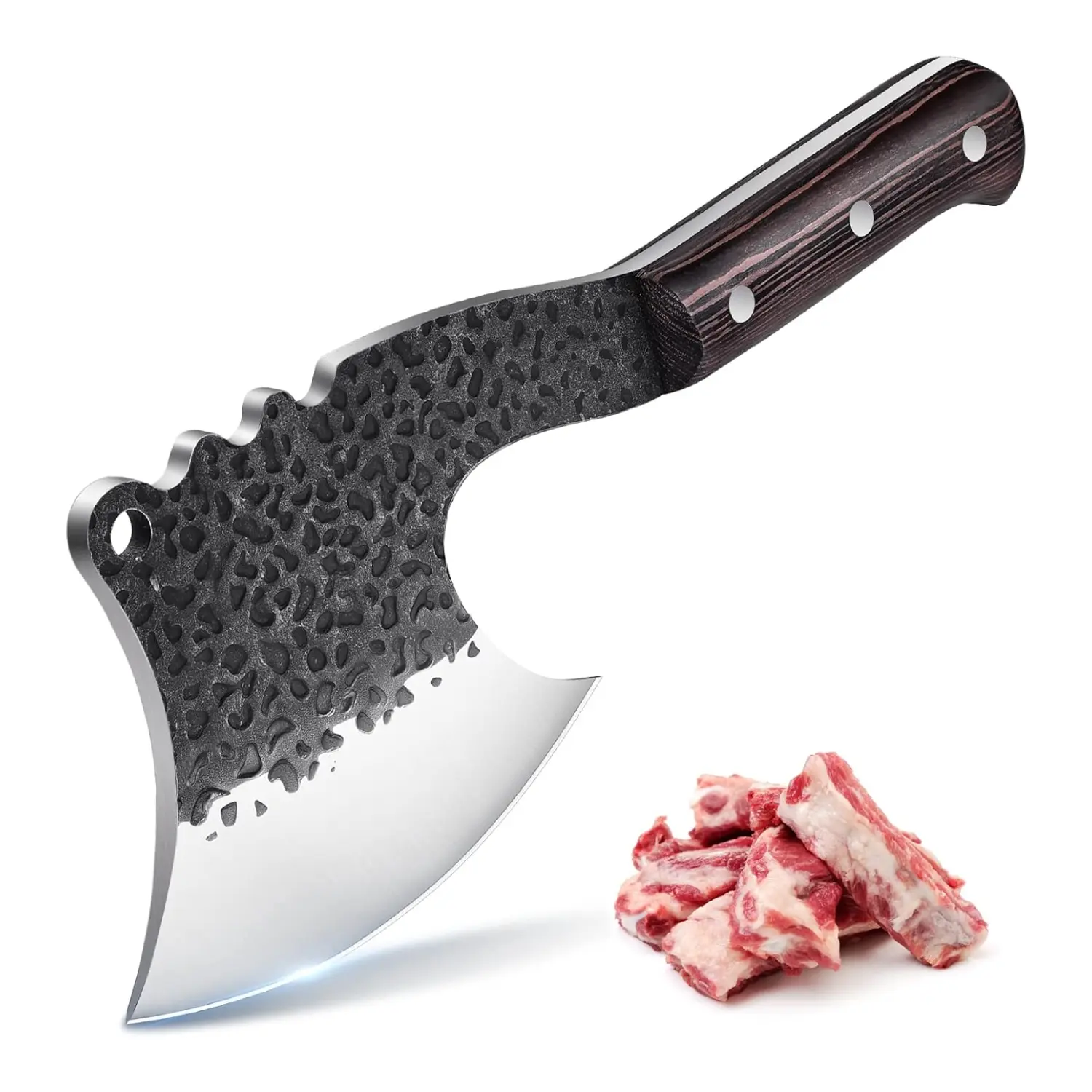 Dream Reach Professional High Carbon Steel Traditional Curved Blade Hammered Bone Cleaver Kitchen Knife - Hand Forged Full Tang, Thick, Balanced Heavy Duty Butcher Tool with Cover & Integrated Hanging Hole, 25° V-Shaped Edge, Portable for Camping (Black)