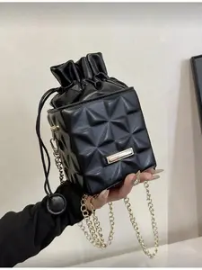 Women Drawstring Closure Square Mini Chain Crossbody Bag