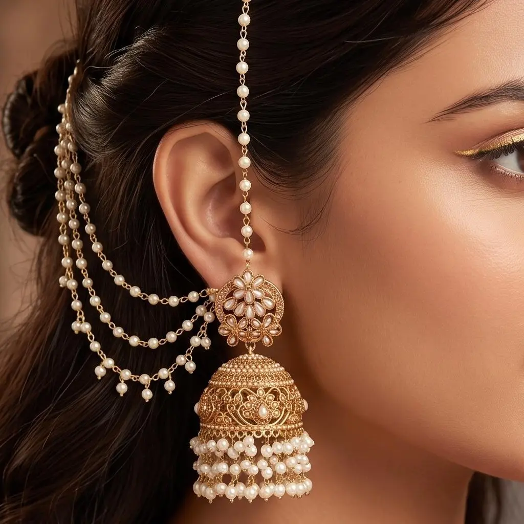 Nauratan Pair of Jhumka Earrings with Double Sahara - Statement Wedding Earrings