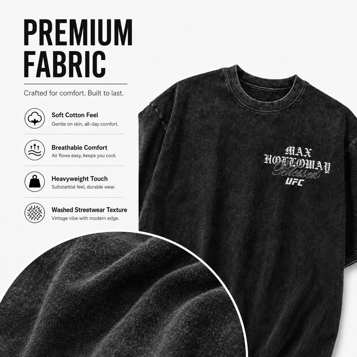 Men's Max Holloway Blessed Double-Sided Graphic Casual Short-Sleeve T-Shirt, UFC Hawaiian Floral MMA Fan Vintage Washed Menswear Top