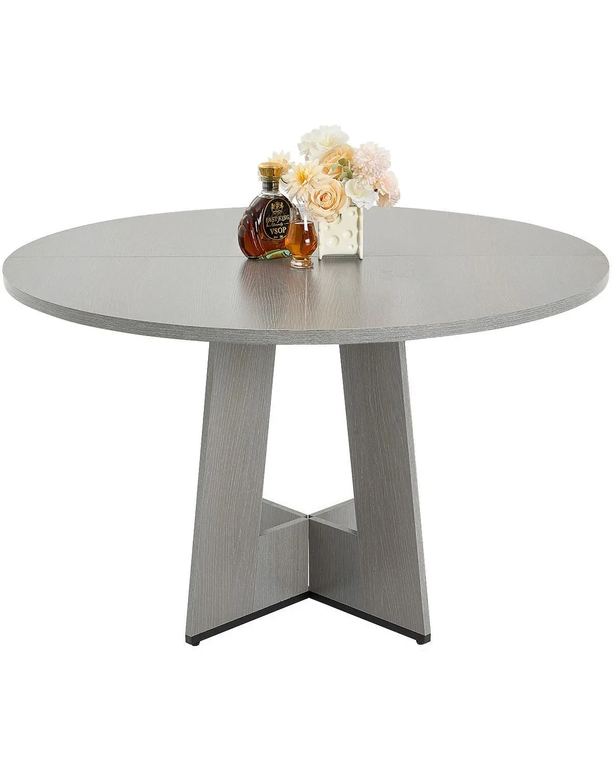 VEVOR 47" Dia. Round Dining Table, Rustic Farmhouse Indoor Furniture with Thick Top & Thick Wooden Legs, 4-6 Pax Capacity, 200lbs Load, Casual Gaming/Daily Work Use, Includes Guide, Grey (Only Table)