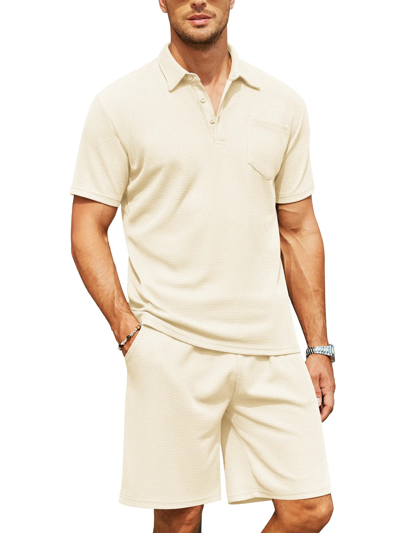 Coofandy Men's Waffle Knit Polo Shirt & Shorts Set - Breathable Soft Fabric, Casual Tracksuit with Pockets, Summer Suit for Outings & Beach Wear