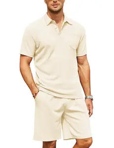 Coofandy Men's Waffle Knit Polo Shirt & Shorts Set - Breathable Soft Fabric, Casual Tracksuit with Pockets, Summer Suit for Outings & Beach Wear