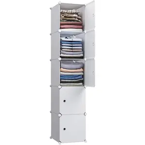 5 Compartment Storage Cabinet with Doors Narrow Clothes Storage Cabinet, Tall Plastic Vertical Organizer for Small Spaces, for Wardrobe, Bedroom, Living Room, White (11.8x11.8 inches)