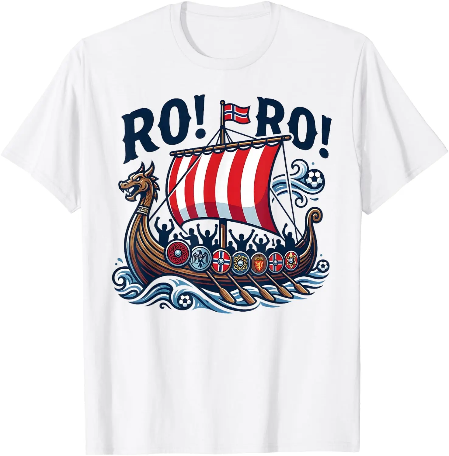 Men's Classic Cotton Norwegian Viking Ship T-Shirt - Dragon, Norwegian Flag Print, Sturdy Hem, Ro Ro Design for Soccer Fans