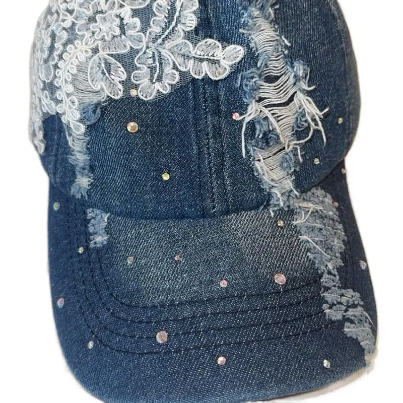 Boujee Bling Distressed Denim Hat with Sparkling Rhinestones and Lace Detailing