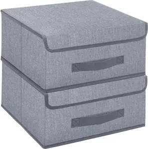 Foldable Storage Bins Cubes Boxes with Lid - Storage Box Cube Cubby Basket Closet Organizer Pack of 2 with Leather Handles for Closet Bedroom, 13" x 13", Linen-like Grey, MXDLB2P