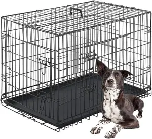 42 inch Dog Crate Kennel Cage with Double Door Folding Metal Wire Design Removable Tray & Divider Panel for Medium Dogs Black Durable Construction