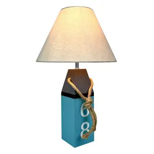 Coastal Blue Buoy Table Lamp with Shade, 19.5" Wooden Nautical Accent Lamp, Beach House Decor, Rope Detail, 40W Max, In-Line Switch, Bedroom Nightstand or Living Room Lighting, Bulb Not Included