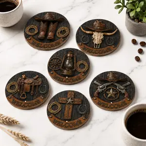 Trending Cowboycore Wooden Coasters 6 Pack – Aesthetic Vintage Western Hat Boots Welcome Print Non-Slip Heat Resistant Round Drink Mats for Home Coffee Bar – Rustic Reclaimed Wood Accent – Viral Farmhouse Country Decor Gift