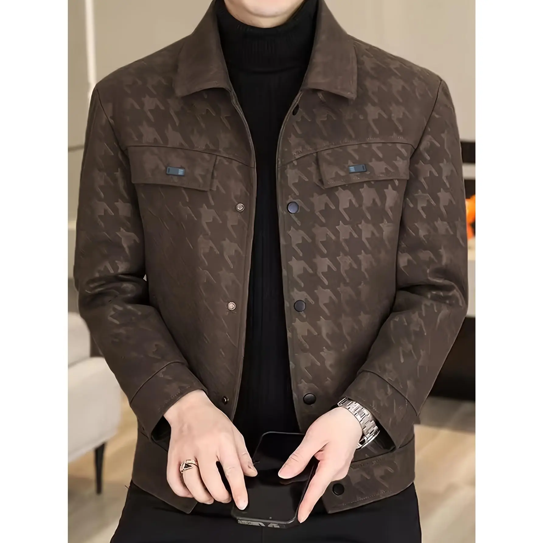 Men's Houndstooth Business Jacket - Stylish Black Shirt with Multiple Pockets, Button-Up Front, and Collar, Perfect for Office or Casual Wear, Versatile Men's Jacket | Buttonup Jacket | Jacket