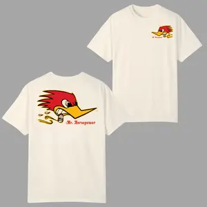 Mr. Horsepower Woodpecker T-Shirt, Retro Hot Rod 2 Sides Design, Smoking Cartoon Bird Graphic Tee, Soft Cotton Car Culture Apparel for Men & Women, Summer Deals, Vacation Outfits