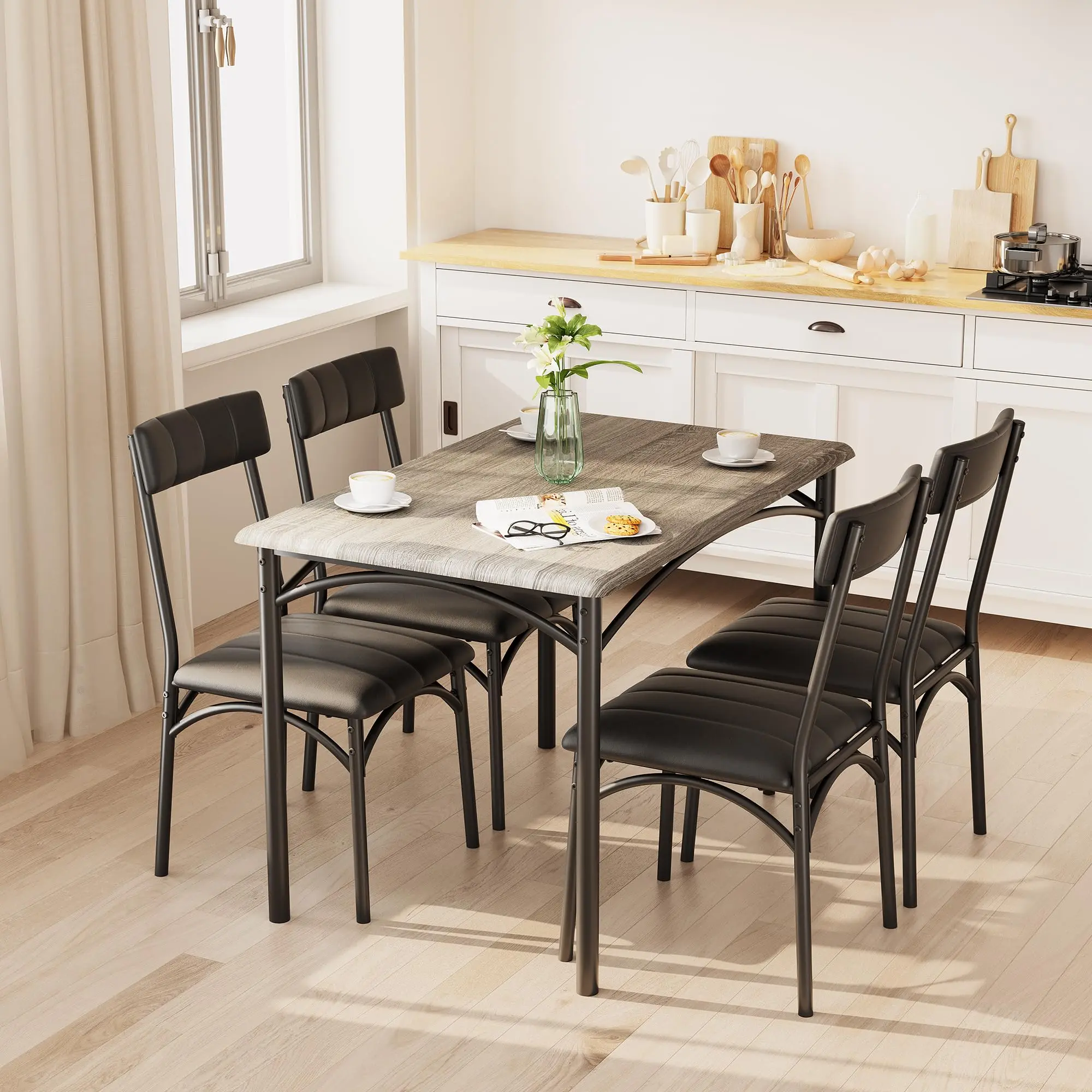 Garvee 5-Piece Metal and Wood Kitchen Dining Table Set for 4, Rectangular Breakfast Nook Table with 4 Chairs, Retro Brown Modern Indoor Dining Room Furniture