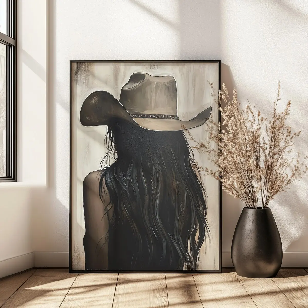 Cowgirl Portrait Framed Wall Art Print, Neutral Oil Painting inspired Artwork for Rustic Farmhouse Decor