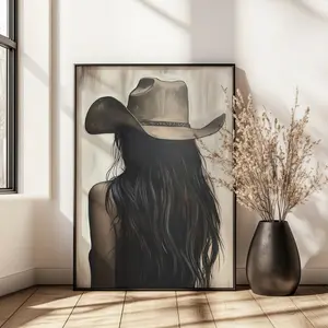 Cowgirl Portrait Framed Wall Art Print, Neutral Oil Painting inspired Artwork for Rustic Farmhouse Decor