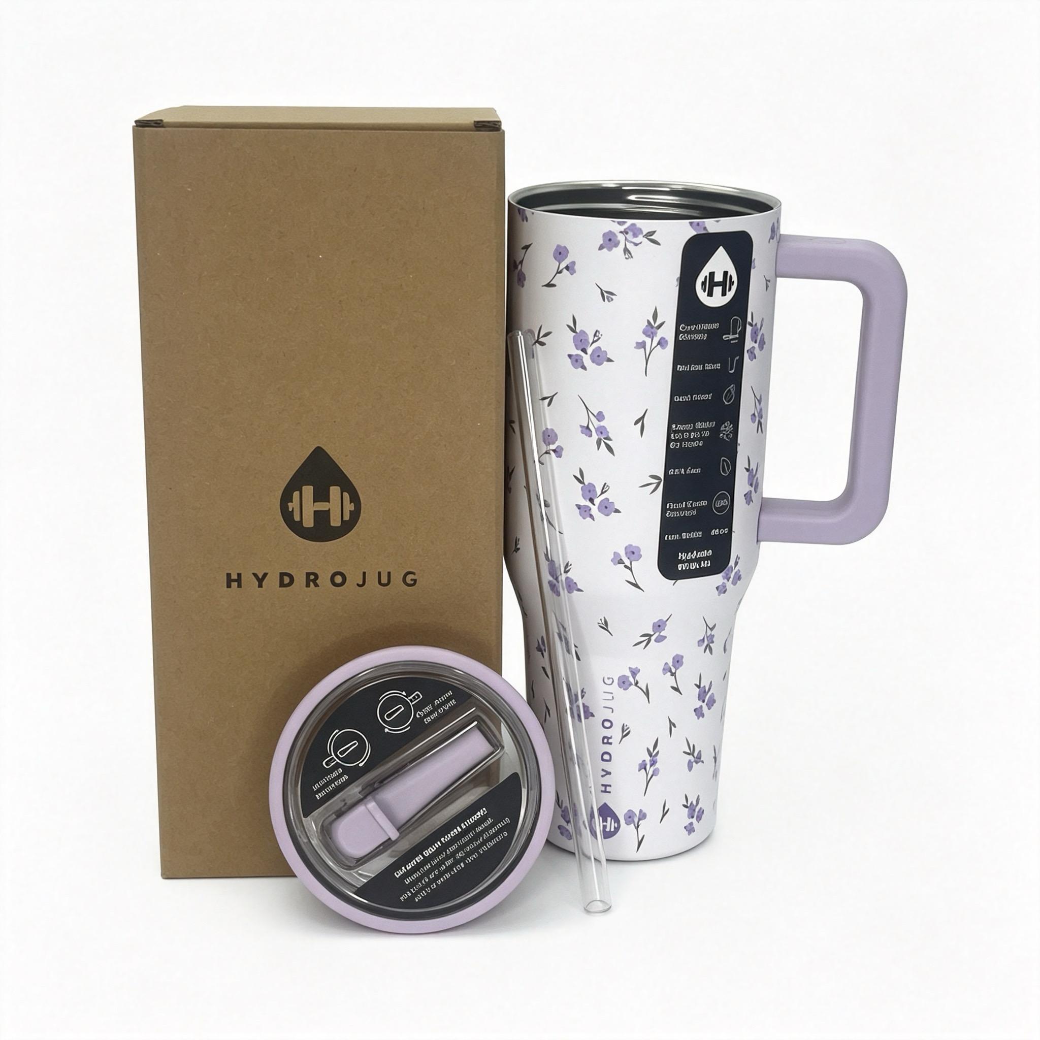 40oz Soft Pastel Purple Lavender Flowers Insulated HydroJug Flask Starter Kit - Portable Stylish Leak-Resistant Flip Top Travel Tumbler with Large Handle, Owala Wild Silicone Bottom for Car/Workout