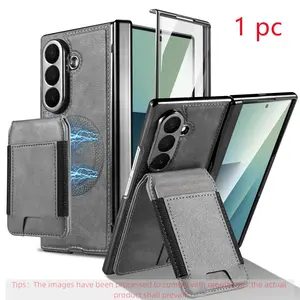 High-end synthetic leather phone case with magnetic cardholder for Samsung Galaxy Z Fold7/6/5/4/3, with a tempered glass screen protector, wireless charging support, stand and card slot, integrated case and screen protector, anti drop phone case