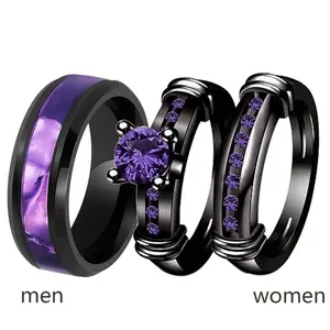 Ringcrown Couple Rings Matching Rings Round Cut 1ct Purple CZ Black Gold Plated Women Wedding Ring Sets For Him And Her Ring Sets Men Titanium Steel Wedding Band