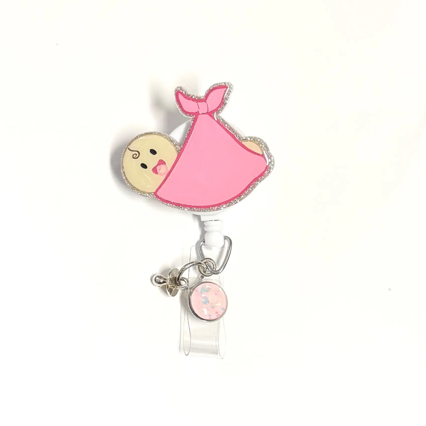 Baby In Blanket Badge Reel Pink Retractable Swivel Alligator Clip for OBGYN Nurse Cute Design Easy Access Identification Holder