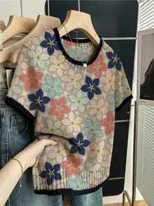 Women's Vintage Farmhouse Colorblock Floral Plant Flower Star Print Round Neck Sweater, Casual Short Sleeve Knit Top for Spring Fall, Knitwear for Spring